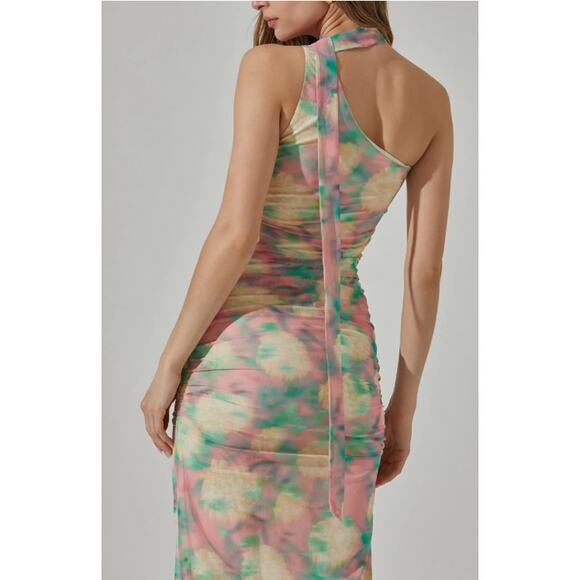 ASTR the Label Abstract Print Asymmetric Midi Green Pink Ruched Dress Size XL - Picture 9 of 15